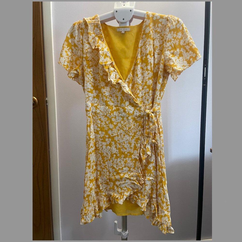 Yellow and White Floral Wrap Mini Dress